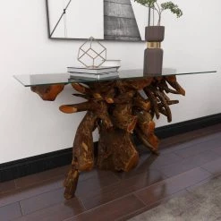 54 in. Brown Rectangle Teak Wood Handmade Live Edge Tree Stump Console Table with Clear Glass Top by Litton Lane -Outlet Litton Lane Store brown litton lane console tables 75570 fa 1000