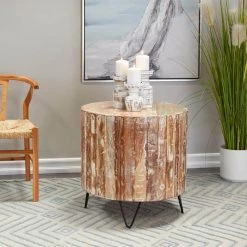 24 in. Brown Round Wood Handmade Distressed End Table with Black Metal Hairpin Legs by Litton Lane 17 24 in. Brown Round Wood Handmade Distressed End Table with Black Metal Hairpin Legs by Litton Lane -Outlet Litton Lane Store brown litton lane end side tables 042736 31 1000
