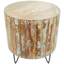 24 in. Brown Round Wood Handmade Distressed End Table with Black Metal Hairpin Legs by Litton Lane