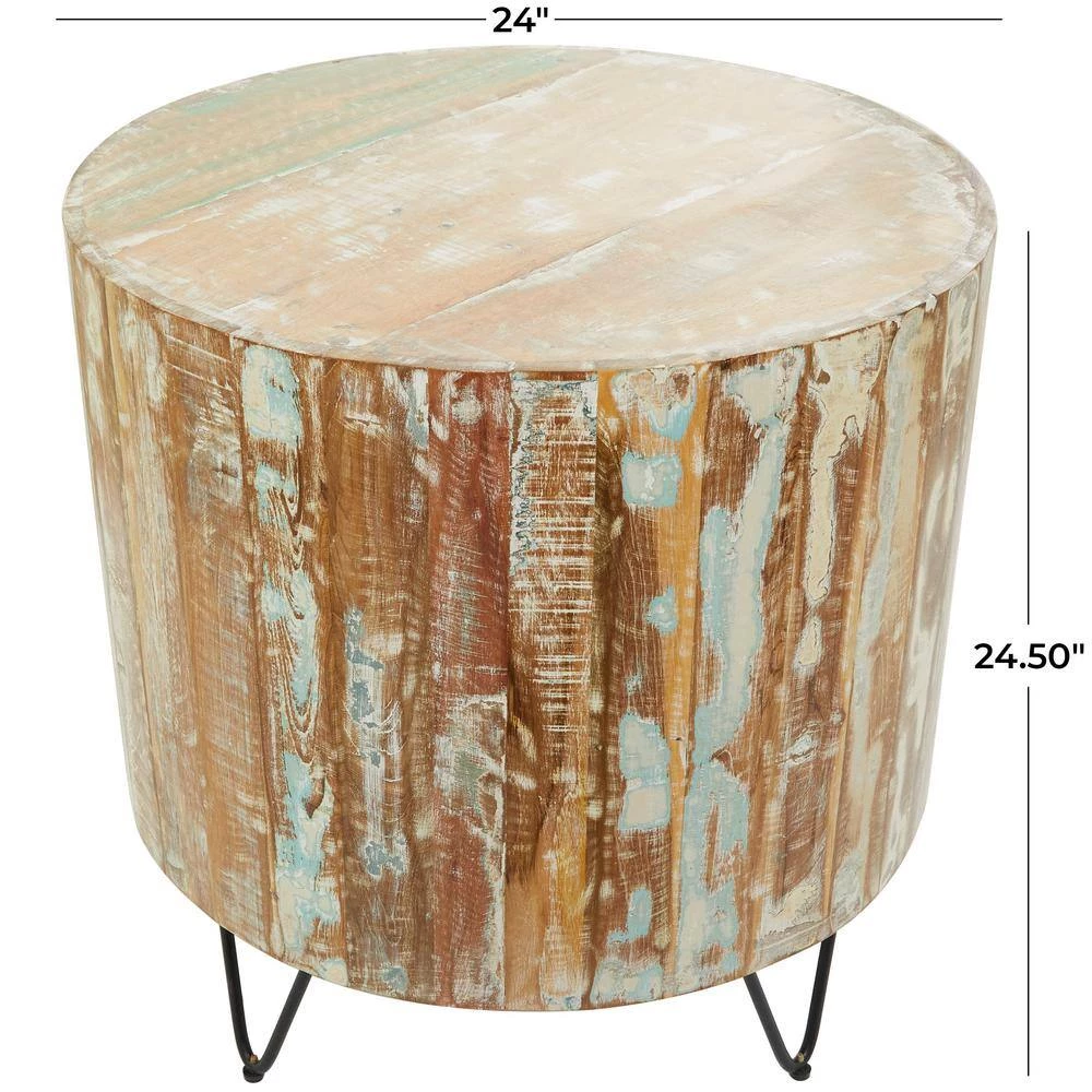 24 in. Brown Round Wood Handmade Distressed End Table with Black Metal Hairpin Legs by Litton Lane 9 24 in. Brown Round Wood Handmade Distressed End Table with Black Metal Hairpin Legs by Litton Lane - Image 7