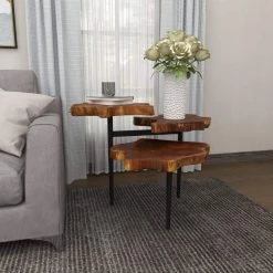 36 in. Brown Round Wood Handmade Live Edge 3 Tier End Table with Black Base by Litton Lane -Outlet Litton Lane Store brown litton lane end side tables 21655 1d 1000