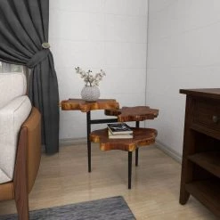 36 in. Brown Round Wood Handmade Live Edge 3 Tier End Table with Black Base by Litton Lane -Outlet Litton Lane Store brown litton lane end side tables 21655 4f 1000