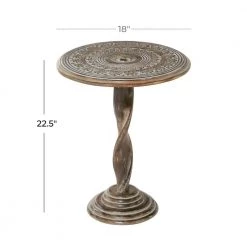 18 in. Brown Round Wood Handmade Intricately Carved Floral End Table with Spiral Leg and Elevated Base by Litton Lane -Outlet Litton Lane Store brown litton lane end side tables 31888 76 1000