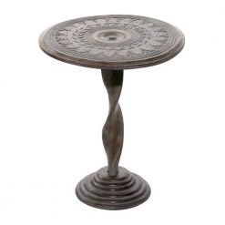 18 in. Brown Round Wood Handmade Intricately Carved Floral End Table with Spiral Leg and Elevated Base by Litton Lane -Outlet Litton Lane Store brown litton lane end side tables 31888 e1 1000