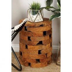 14 in. Brown Cylinder Wood Handmade Live Edge End Table with Brick Inspired Design by Litton Lane -Outlet Litton Lane Store brown litton lane end side tables 38428 31 1000