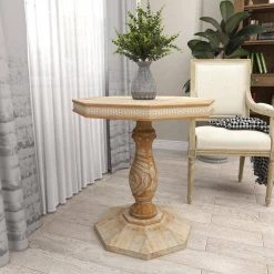 28 in. Brown Hexagon Wood Handmade Intricately Carved End Table by Litton Lane -Outlet Litton Lane Store brown litton lane end side tables 43370 4f 1000