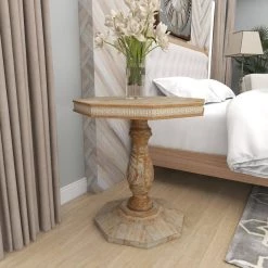 28 in. Brown Hexagon Wood Handmade Intricately Carved End Table by Litton Lane -Outlet Litton Lane Store brown litton lane end side tables 43370 fa 1000