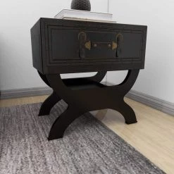 16 in. Brown Square Wood Vintage Faux Leather Single Drawer End Table with Curved Style Leg Stand by Litton Lane -Outlet Litton Lane Store brown litton lane end side tables 55744 4f 1000