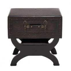 16 in. Brown Square Wood Vintage Faux Leather Single Drawer End Table with Curved Style Leg Stand by Litton Lane
