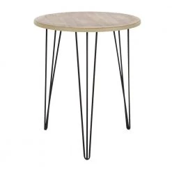 18 in. Brown Round Wood End Table with Black Metal Hairpin Legs by Litton Lane