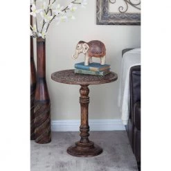 17 in. Dark Brown Round Wood Handmade Intricately Carved Floral End Table by Litton Lane -Outlet Litton Lane Store brown litton lane end side tables 96092 31 1000