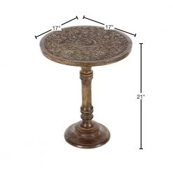 17 in. Dark Brown Round Wood Handmade Intricately Carved Floral End Table by Litton Lane -Outlet Litton Lane Store brown litton lane end side tables 96092 40 1000