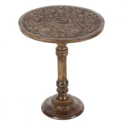 17 in. Dark Brown Round Wood Handmade Intricately Carved Floral End Table by Litton Lane