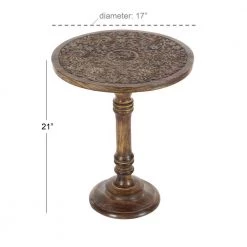 17 in. Dark Brown Round Wood Handmade Intricately Carved Floral End Table by Litton Lane -Outlet Litton Lane Store brown litton lane end side tables 96092 76 1000