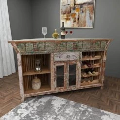 Brown Reclaimed Wood Semi Circle Shaped Liquor Storage 1 Drawer and 2 Doors Bar with Bottle Racks by Litton Lane -Outlet Litton Lane Store brown litton lane home bars 29425 44 1000