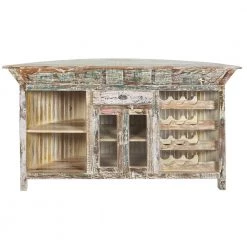 Brown Reclaimed Wood Semi Circle Shaped Liquor Storage 1 Drawer and 2 Doors Bar with Bottle Racks by Litton Lane