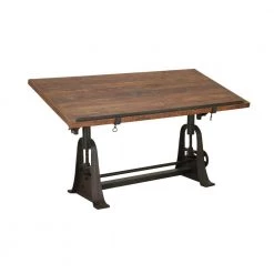 62 in. Rectangle Brown Teak Wood Drafting Style Desk with Tilting Top and Crank Shaft Height Adjustment by Litton Lane