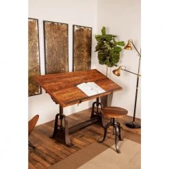 62 in. Rectangle Brown Teak Wood Drafting Style Desk with Tilting Top and Crank Shaft Height Adjustment by Litton Lane -Outlet Litton Lane Store brown litton lane writing desks 88586 77 1000