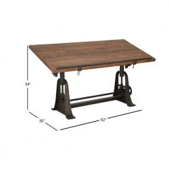 62 in. Rectangle Brown Teak Wood Drafting Style Desk with Tilting Top and Crank Shaft Height Adjustment by Litton Lane -Outlet Litton Lane Store brown litton lane writing desks 88586 c3 1000