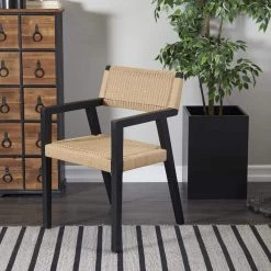 Dark Brown Wood Contemporary Woven Dining Chair with Armrests by Litton Lane -Outlet Litton Lane Store dark brown litton lane dining chairs 042969 31 1000