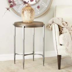 18 in. Gray Round Wood End Table with Brown Top by Litton Lane -Outlet Litton Lane Store dark brown litton lane end side tables 042423 31 1000