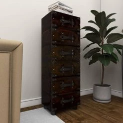 6-Drawer Brown Vintage Faux Leather Chest with Rivets and Straps Detailing (50 X 16 X 12) by Litton Lane -Outlet Litton Lane Store dark java litton lane sideboards buffet tables 66862 c3 1000
