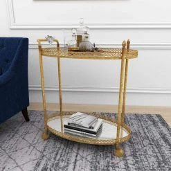 Gold Rolling 2 Mirrored Shelves Bar Cart with Lockable Wheels by Litton Lane -Outlet Litton Lane Store gold litton lane bar carts 93749 1d 1000