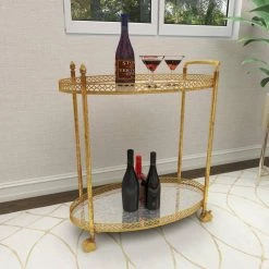 Gold Rolling 2 Mirrored Shelves Bar Cart with Lockable Wheels by Litton Lane -Outlet Litton Lane Store gold litton lane bar carts 93749 44 1000