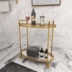 Gold Rolling 2 Mirrored Shelves Bar Cart with Lockable Wheels by Litton Lane -Outlet Litton Lane Store gold litton lane bar carts 93749 fa 1000
