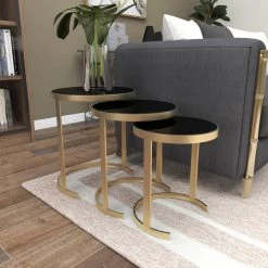 18 in. Gold Round Glass Nesting End Table with Black Top 3-Pieces by Litton Lane -Outlet Litton Lane Store gold litton lane coffee tables 50396 4f 1000