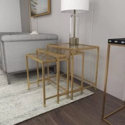 17 in. Gold Large Rectangle Glass End Accent Table with Clear Glass Top (3- Pieces) by Litton Lane -Outlet Litton Lane Store gold litton lane coffee tables 65372 4f 1000
