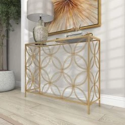 42 in. Gold Rectangle Metal Open Style Quatrefoil Frame Geometric Console Table with Mirrored Top by Litton Lane -Outlet Litton Lane Store gold litton lane console tables 39739 1f 1000