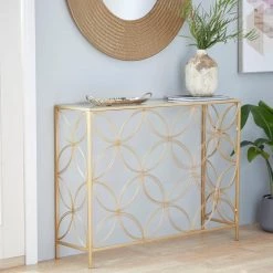 42 in. Gold Rectangle Metal Open Style Quatrefoil Frame Geometric Console Table with Mirrored Top by Litton Lane -Outlet Litton Lane Store gold litton lane console tables 39739 31 1000