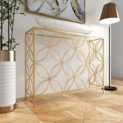 42 in. Gold Rectangle Metal Open Style Quatrefoil Frame Geometric Console Table with Mirrored Top by Litton Lane -Outlet Litton Lane Store gold litton lane console tables 39739 4f 1000