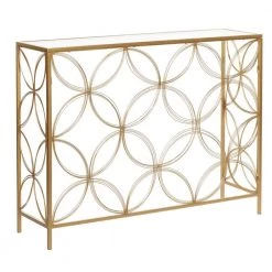 42 in. Gold Rectangle Metal Open Style Quatrefoil Frame Geometric Console Table with Mirrored Top by Litton Lane