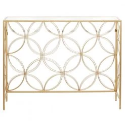 42 in. Gold Rectangle Metal Open Style Quatrefoil Frame Geometric Console Table with Mirrored Top by Litton Lane -Outlet Litton Lane Store gold litton lane console tables 39739 66 1000