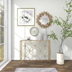 42 in. Gold Rectangle Metal Open Style Quatrefoil Frame Geometric Console Table with Mirrored Top by Litton Lane -Outlet Litton Lane Store gold litton lane console tables 39739 76 1000