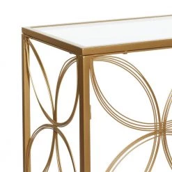 42 in. Gold Rectangle Metal Open Style Quatrefoil Frame Geometric Console Table with Mirrored Top by Litton Lane -Outlet Litton Lane Store gold litton lane console tables 39739 77 1000
