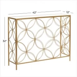 42 in. Gold Rectangle Metal Open Style Quatrefoil Frame Geometric Console Table with Mirrored Top by Litton Lane -Outlet Litton Lane Store gold litton lane console tables 39739 c3 1000
