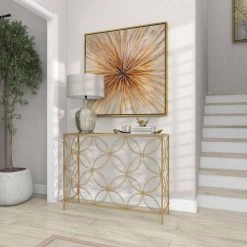 42 in. Gold Rectangle Metal Open Style Quatrefoil Frame Geometric Console Table with Mirrored Top by Litton Lane -Outlet Litton Lane Store gold litton lane console tables 39739 fa 1000