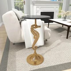 16 in. Gold Round Marble Sea Horse End Table with Black Top by Litton Lane -Outlet Litton Lane Store gold litton lane end side tables 80874 1f 1000