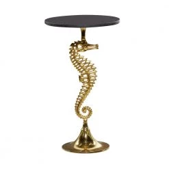 16 in. Gold Round Marble Sea Horse End Table with Black Top by Litton Lane