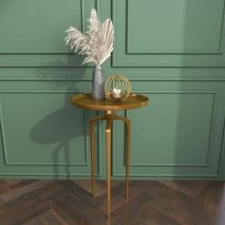 16 in. Gold Round Aluminum Tray Inspired Top End Table with 3 Tripod Legs by Litton Lane -Outlet Litton Lane Store gold litton lane end side tables 84040 1f 1000
