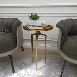 16 in. Gold Round Aluminum Tray Inspired Top End Table with 3 Tripod Legs by Litton Lane -Outlet Litton Lane Store gold litton lane end side tables 84040 4f 1000