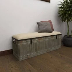 Galvanized Gray Rectangle Storage Bench with Cream Burlap Top and Latches (18 in. x 50 in. x 16 in.) by Litton Lane 21 Galvanized Gray Rectangle Storage Bench with Cream Burlap Top and Latches (18 in. x 50 in. x 16 in.) by Litton Lane -Outlet Litton Lane Store gray litton lane bedroom benches 60966 1d 1000