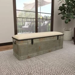 Galvanized Gray Rectangle Storage Bench with Cream Burlap Top and Latches (18 in. x 50 in. x 16 in.) by Litton Lane 30 Galvanized Gray Rectangle Storage Bench with Cream Burlap Top and Latches (18 in. x 50 in. x 16 in.) by Litton Lane -Outlet Litton Lane Store gray litton lane bedroom benches 60966 d4 1000