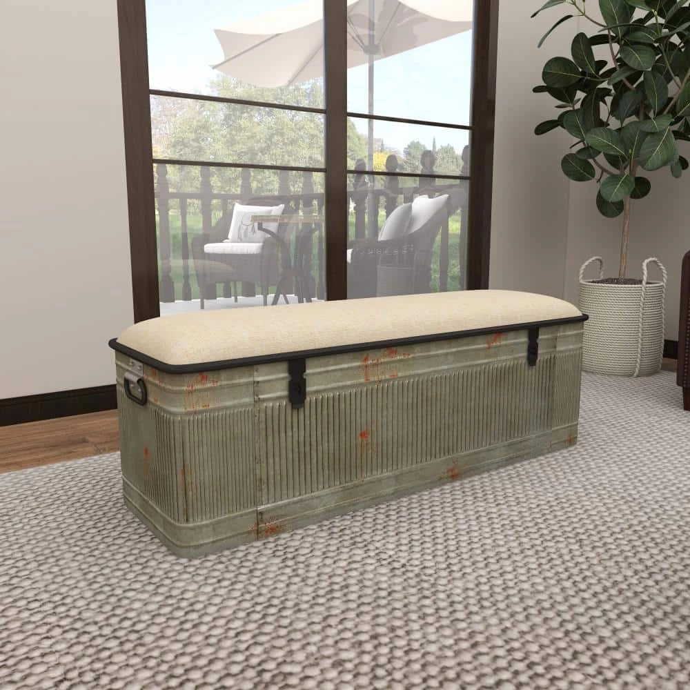 Galvanized Gray Rectangle Storage Bench with Cream Burlap Top and Latches (18 in. x 50 in. x 16 in.) by Litton Lane 16 Galvanized Gray Rectangle Storage Bench with Cream Burlap Top and Latches (18 in. x 50 in. x 16 in.) by Litton Lane - Image 14
