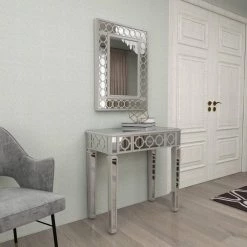 23" Silver Rectangle Wood Mirrored Geometric Single Drawer Console Table with Mirror and Circular Panel Inlay (Set of 2) by Litton Lane -Outlet Litton Lane Store gray litton lane console tables 58753 1f 1000