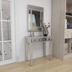 23" Silver Rectangle Wood Mirrored Geometric Single Drawer Console Table with Mirror and Circular Panel Inlay (Set of 2) by Litton Lane -Outlet Litton Lane Store gray litton lane console tables 58753 4f 1000
