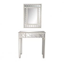 23" Silver Rectangle Wood Mirrored Geometric Single Drawer Console Table with Mirror and Circular Panel Inlay (Set of 2) by Litton Lane